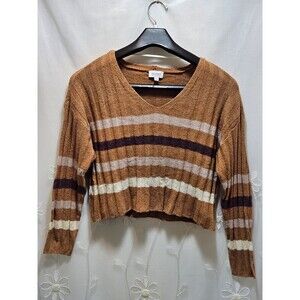 True Craft Womens Medium Rust Orange Sweater Stripes Pleated Cropped Chic V-Neck